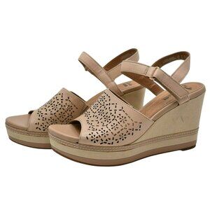 Clarks Women's Zia Graze Wedge Sandal Leather Beige NUDE Tan 10 M Laser Cut